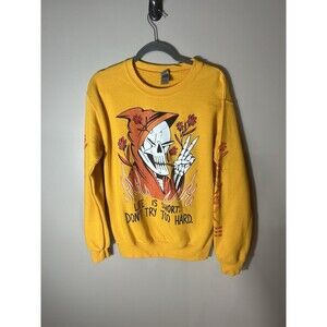 “Life Is Short. Don’t Try Too Hard” Wicked Clothes Yellow Skull Sweatshirt Small